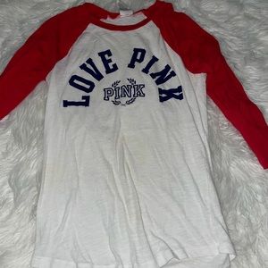 Pink Victoria’s Secret red sleeve baseball tee